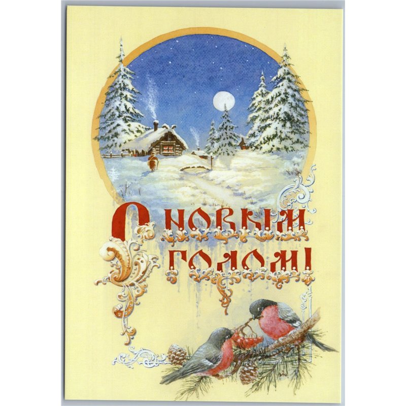 HAPPY NEW YEAR Snow Winter House BULLFINCHES Bird Russian New Postcard