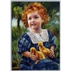 FUNNY LITTLE GIRL with Ducklings Bird Redheads Blue Dress Russian New Postcard