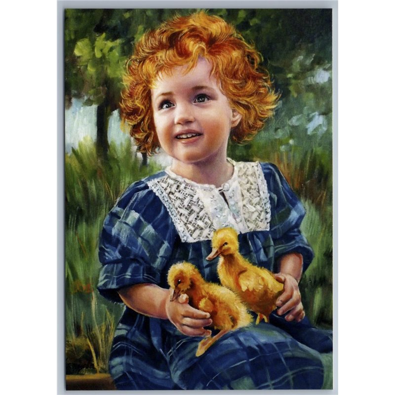 FUNNY LITTLE GIRL with Ducklings Bird Redheads Blue Dress Russian New Postcard