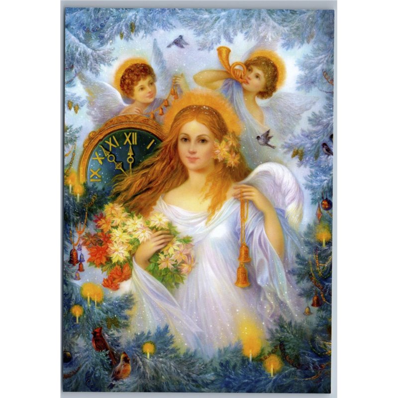 GIRL w/ Long Hair CHRISTMAS ANGEL Miracle Decorate Clock Russian New Postcard