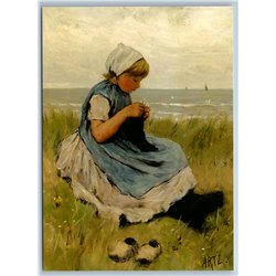 LITTLE GIRL knitting near SEA Sew DIY ART by Artz New Unposted Postcard