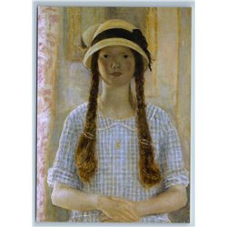 LITTLE GIRL with pigtails in Hat by Frieseke ART New Unposted Postcard