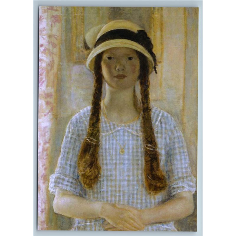 LITTLE GIRL with pigtails in Hat by Frieseke ART New Unposted Postcard