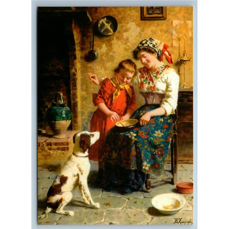 LITTLE GIRLS prepare food for the DOG by Zampighi New Unposted Postcard