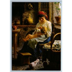 WOMAN feeds BABY in Kitchen Fireplace by Zampighi New Unposted Postcard