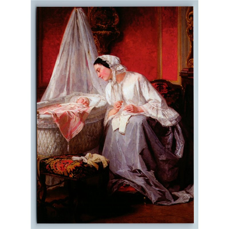 WOMAN near baby cradle Maternity by Trayer New Unposted Postcard