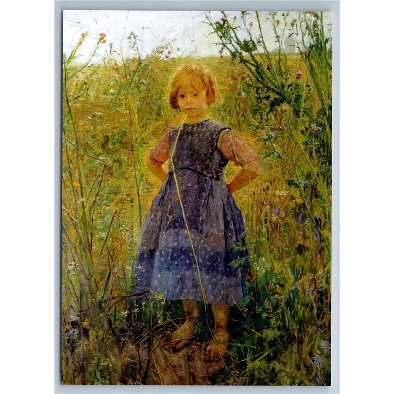 LITTLE GIRL in Blue Dress in Field by Uhde ART New Unposted Postcard