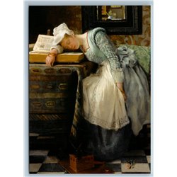 YOUNG WOMAN sleeping behind a book Interior New Unposted Postcard