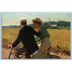 WOMAN LADY n MAN on Bike Ride Fields outside City Morning Russian New Postcard