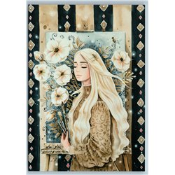 PRETTY WOMAN Long Hair Artist Painting Romantic ART Flower Pattern NEW Postcard