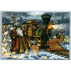 SANTA n CHRISTMAS EXPRESS TRAIN Deer Winter Snow Forest Christmas New Postcard
