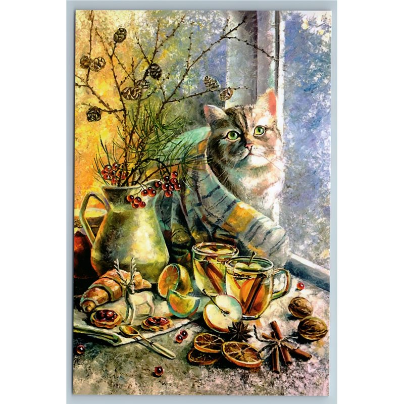 CUTE CAT in Scarf Warming Time Tea Time Still Life Deer Window New Postcard