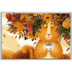 FUNNY CAT and Mice Autumn Tea Party Leaf Cup Pumpkin Russian New Postcard