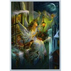 CHRISTMAS ANGEL Children Magic Eve Night Fantasy Cat Unusual Russian Postcard