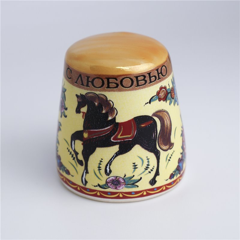 Thimble BLACK HORSE and FLOWERS Gorodets Solid Porcelain Russian Ethnic Souvenir