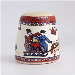 Thimble PEOPLE on Horse Carriage Russian Style Blue Solid Porcelain Ethnic