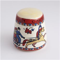 Thimble PEOPLE on Horse Carriage Russian Style Blue Solid Porcelain Ethnic