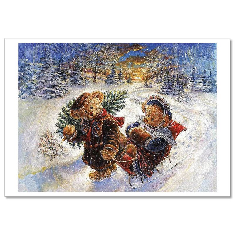 TEDDY BEAR TOYS with Christmas Tree Sleight Forest by Sherwood New Postcard