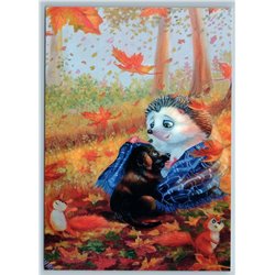 HEDGEHOG and DOG Autumn Park I will warm you Friend Saver Russian New Postcard