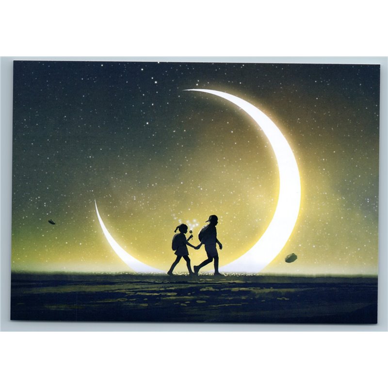 GIRL and Boy Couple Walk at Edge of Earth Crescent moon Silhouettes New Postcard
