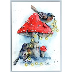 BIRDS decorated with garland Amanita Mushroom Christmas Eve New Postcard