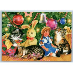 CATS Kittens and TOYS DOLLS Christmas Tree Bunny Rabbit by Uvarova New Postcard