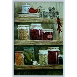 JARS with homemade canning Jam preserving on Kitchen shelf Russian New Postcard