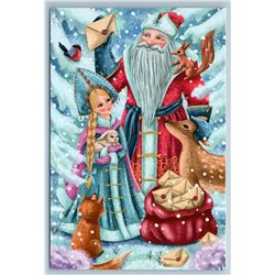 DED MOROZ Santa n Snow Maiden Squirrel Red Fox Deer Winter Forest New Postcard