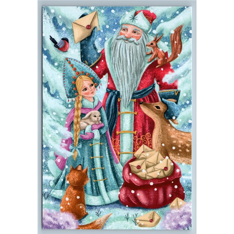DED MOROZ Santa n Snow Maiden Squirrel Red Fox Deer Winter Forest New Postcard