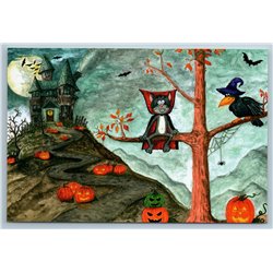 CAT as Vampire dracula on Halloween Pumpkin Raven Castle Funny New Postcard