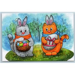 TWO CATS as EASTER Bunny Rabbits Hare with Paschal Eggs Humor New Postcard