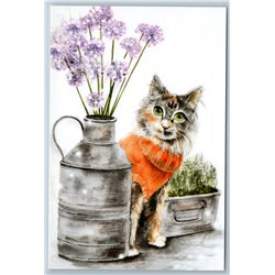 CAT Green Eyes and CAN Provencal style Flowers Russian New Postcard