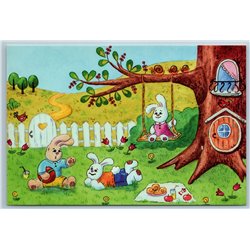 BUNNY RABBIT Picnic in Garden Swing on tree Ball Snail Russian New Postcard
