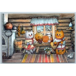 TWO CATS in Russian House Samovar Carnival Pancake Week Ethnic New Postcard