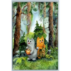 TWO CATS traveller and Spirits of the Forest Fantasy Unusual Russia New Postcard