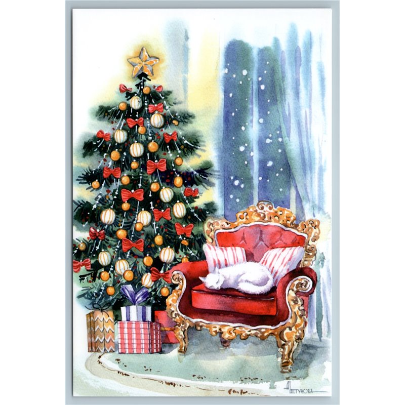 WHITE CAT near Christmas Tree Holiday Eve Interior Decorate Russian New Postcard