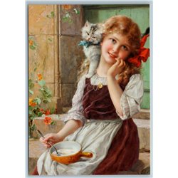 PRETTY LITTLE GIRL with CAT Kitten eat soup by Emile Vernon Russian New Postcard