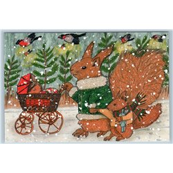 SQUIRREL ON WALK with baby stroller Bullfinches Snow Winter Russian New Postcard