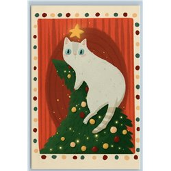 FUNNY WHITE CAT on Christmas Tree Decorate Little naughty Russian New Postcard
