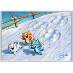 THREE FUNNY CATS February Angels Snow Winter Fun Kitten Russian New Postcard