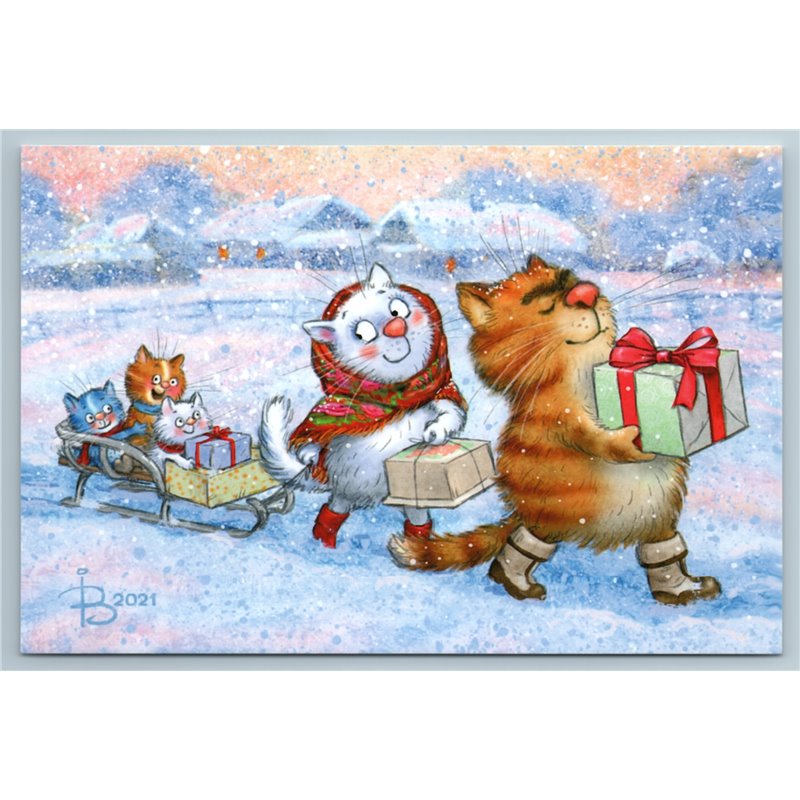 CAT FAMILY w/ Christmas Gifts Visit Snow Winter Funny Comic Russian New Postcard