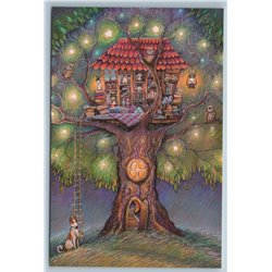 TREE HOUSE Fantasy Home Owl Dog Library Book Stars Russian New Postcard