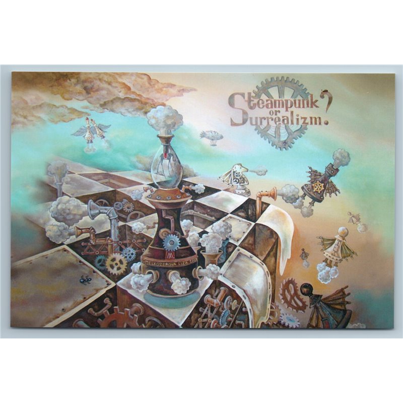 CHESS BISHOP on Chessboard Steampunk or Surrealism Russian New Postcard