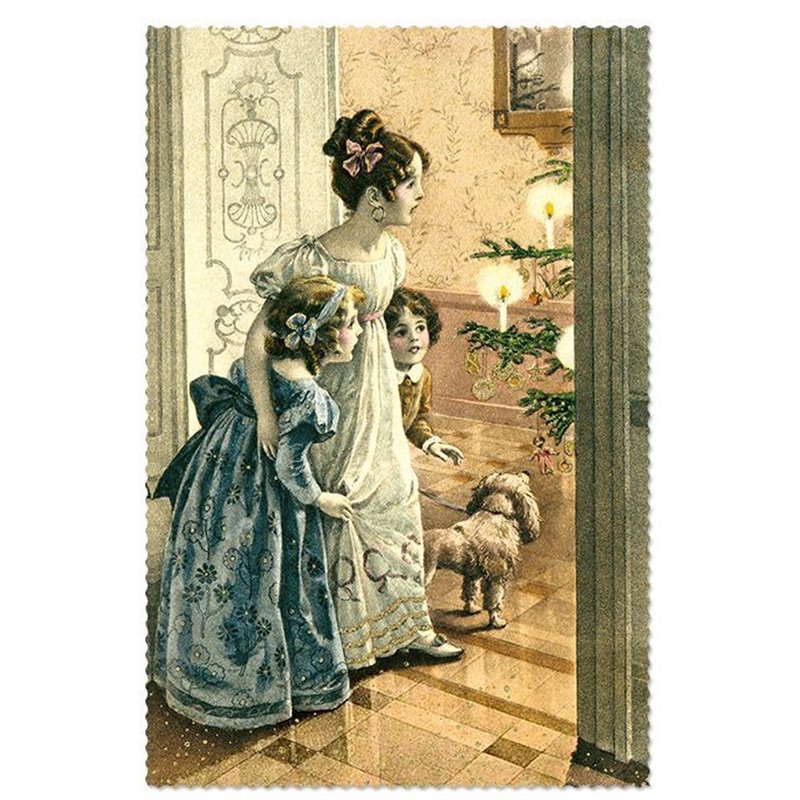 LITTLE GIRLS with Dog near Christmas Tree Eve Victorian Russian New Postcard