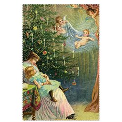 LITTLE Girl sleep w/ Mom near Christmas Tree Angels Victorian Style New Postcard