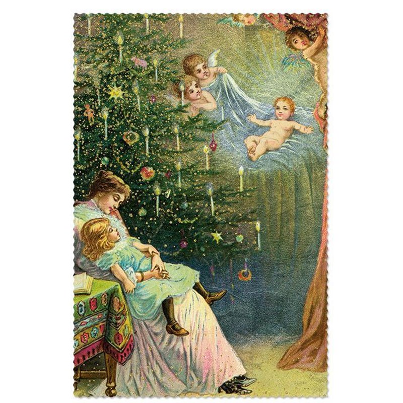 LITTLE Girl sleep w/ Mom near Christmas Tree Angels Victorian Style New Postcard