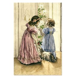 Little Girls look behind door Christmas Tree Dog Miracle GLITTER New Postcard