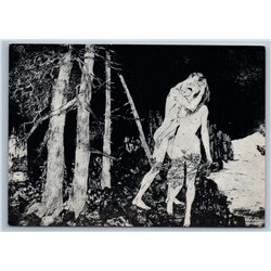 1967 NAKED IN FOREST Nude Woman Man Etching by Sigurd Winge Soviet USSR Postcard