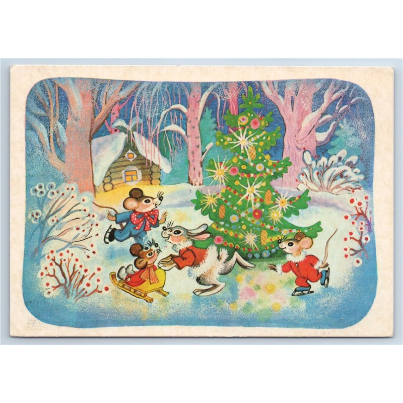 1986 MOUSE Mice Family skating Christmas Tree New Year Russian Postcard