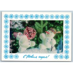 1979 TWO SNOWMEN decorate Christmas Tree Ball New Year Russian Unposted Postcard
